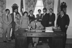 Delaware Governor Pierre S. (Pete) duPont IV signs into law a bill making broadened capital ownership and employee stock ownership plans (ESOPs) official policy to be encouraged by all agencies of the State of Delaware. Legislative Hall, Dover, Delaware, June 22, 1981.