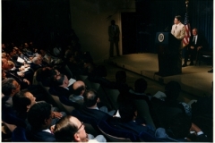 President Ronald Reagan accepts the report of the Presidential Task Force recommending the promotion of employee stock ownership plans throughout the Caribbean and Central America, as a way of counteracting communist insurgencies.
